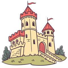 Charming cartoon style castle building with turrets flags and entrance gate situated on grassy hill whimsical fairytale architecture illustration. © Ashik