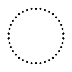 Naklejka premium Stars of various sizes arranged in a circle. Round frame, border. Black star outline, simple symbol. Design element, ornament. Line art. Vector illustration