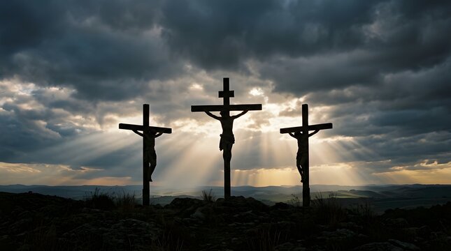 three wooden crosses sunset divine light