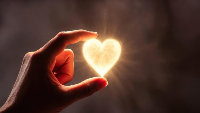 Hand holding glowing heart symbol against dark background