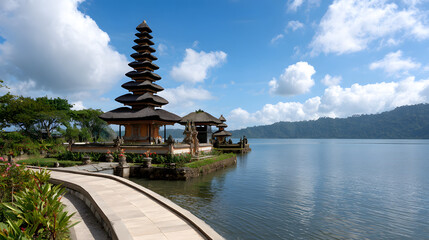 Obraz premium Pura Ulun Danu Bratan temple complex on an island in Lake Bratan Bali Indonesia with clear blue sky and calm water.