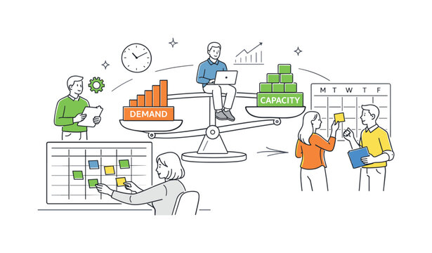 A strategic resource planning and capacity forecasting scene showing a small team allocating workload around a large grid and a calendar, using a