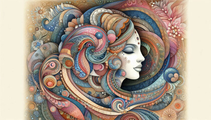 Fototapeta premium Intricate Ornate Bohemian Woman Profile with Colorful Mandala Patterns and Swirls. Generative AI