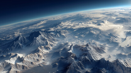 Obraz premium Spectacular aerial view of the Earth, capturing its vastness and grandeur, with high mountains and atmospheric layers