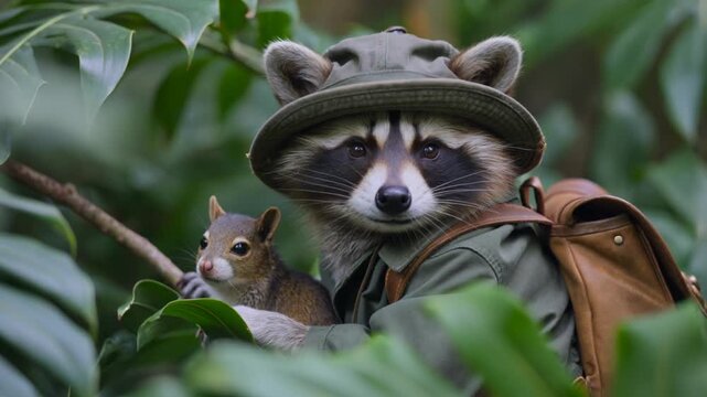 A raccoon wearing a hat and backpack stands beside a squirrel in forest.