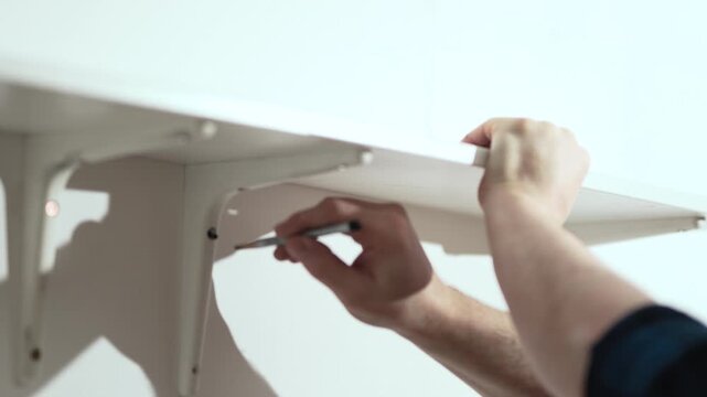  Man marking wall with pencil for shelf installation, DIY home improvement project, 4K 10 bit footage.