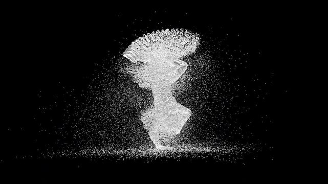 A 3D animated character performs a sword dance with dynamic water splash effects. The clip ends with an alpha matte, making it suitable for creative projects, entertainment, or digital media use.