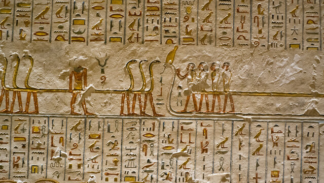 Tomb of Ramses V and Ramses VI, KV9 in the Valley of the Kings. Detail of Egyptian hieroglyphs. Luxor, Egypt.