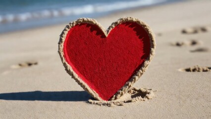 Fototapeta premium Red fabric heart propped in sand on beach near waterline gentle waves