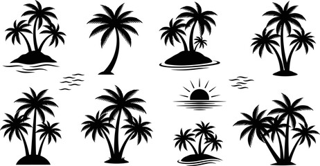 collection of black silhouette palm trees on white background for graphic design © Pixel Verses