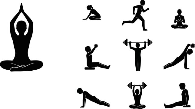 Black silhouettes of people doing various yoga and fitness exercises on white background
