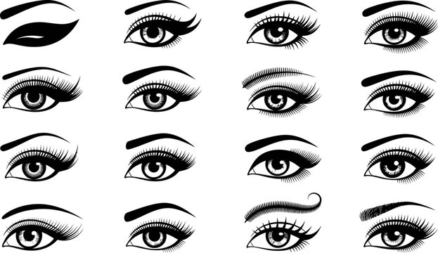 black and white illustrations of various female eyes and eyebrows and one lip
