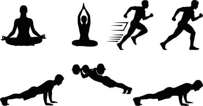 Black silhouettes of people doing various exercises and yoga poses  running lifting weights and meditating in different positions