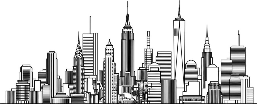 New York City skyline illustration with skyscrapers and buildings in black lines on transparent background