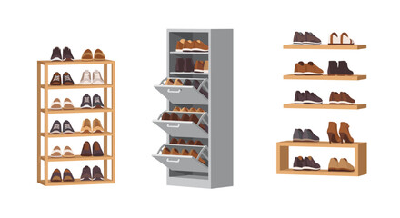 Three different types of shoe storage solutions, including an open rack, a closed cabinet, and floating shelves, are filled with various pairs of footwear.