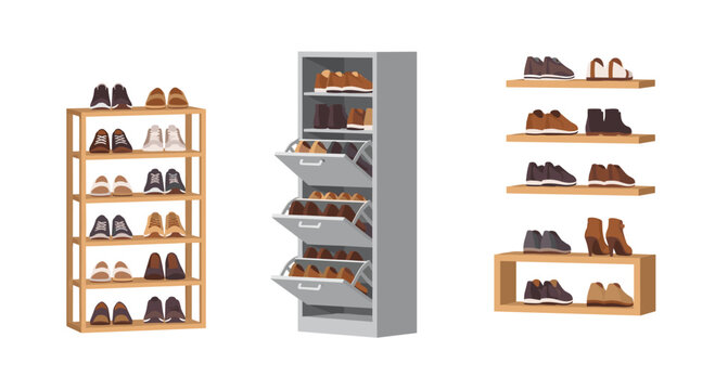 Three different types of shoe storage solutions, including an open rack, a closed cabinet, and floating shelves, are filled with various pairs of footwear.