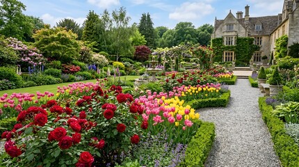 Obraz premium A beautifully manicured English country garden bursting with colorful roses, flowers, and lush greenery, with a grand manor house in the background