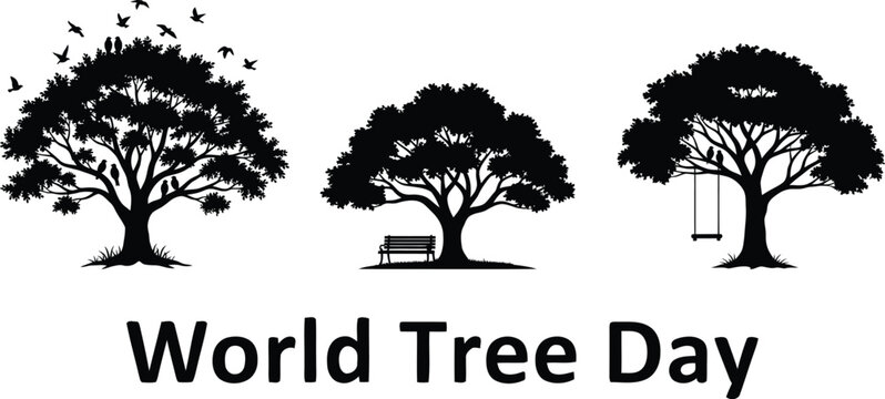 World tree day text with three different tree silhouettes and swing