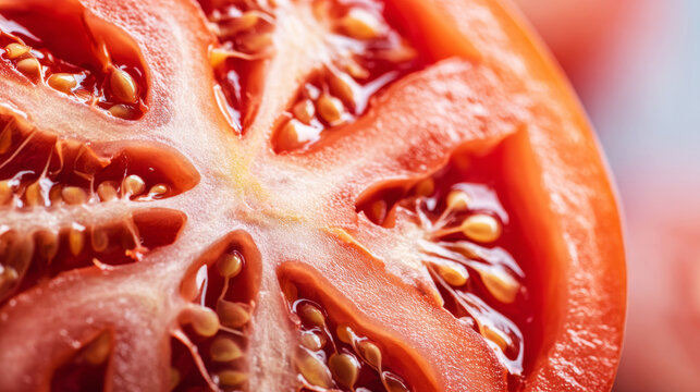Fresh red tomato slice detailing vibrant internal structure, juicy pulp, and organic seeds, healthy food concept
