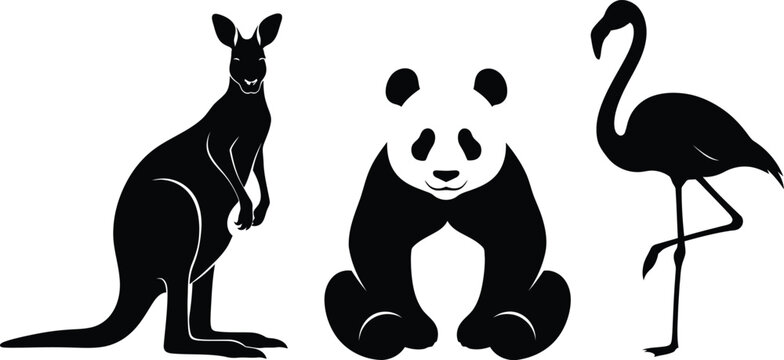 Kangaroo, panda, and flamingo vector animal silhouettes collection on transparent background