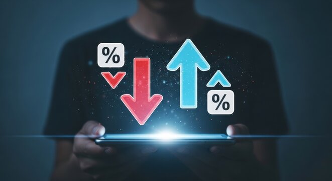 Financial interest rate fluctuations concept, glowing percentage icons with up and down arrows on smartphone, economic inflation and deflation analysis