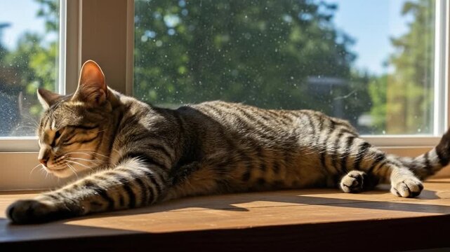 Tabby cat sleeping peacefully on a sunny windowsill, basking in warm light.