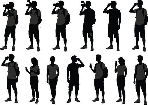 Silhouettes of photographers and travelers using cameras and smartphones, people with backpacks, urban lifestyle, technology, communication, isolated black figures