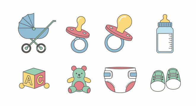 Baby essentials pram pacifiers bottle toy blocks bear diaper and shoes