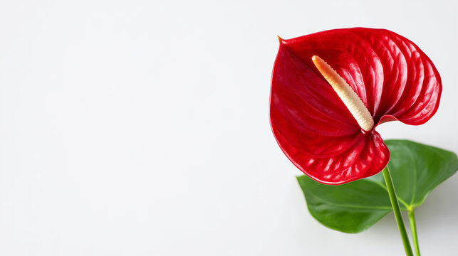 Red anthurium flower on a clean white background displaying vibrant petals and a prominent spadix