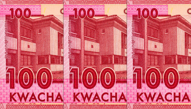 100 Malawian Kwacha banknote featuring the College of Medicine in Blantyre and a stethoscope. Money of Malawi. African paper money background.