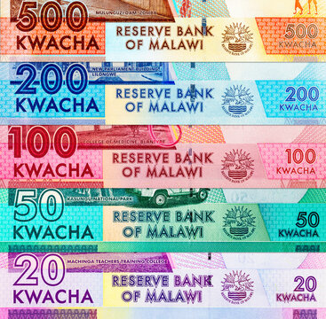 Malawian Kwacha banknotes (MWK) featuring various denominations. Malawi national currency. Money of Africa