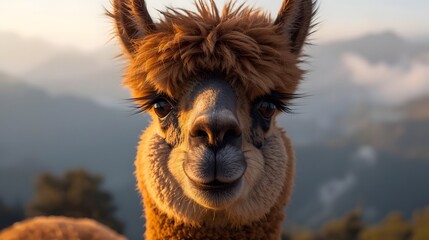 Fototapeta premium Sunrise Llama Portrait: The image showcases a llama against a picturesque mountain backdrop bathed in the soft glow of sunrise, radiating a serene and captivating charm.