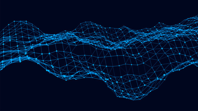 Vector blue wireframe network wave on dark background. Connected nodes and lines form flowing digital mesh landscape. Futuristic technology data visualization.
