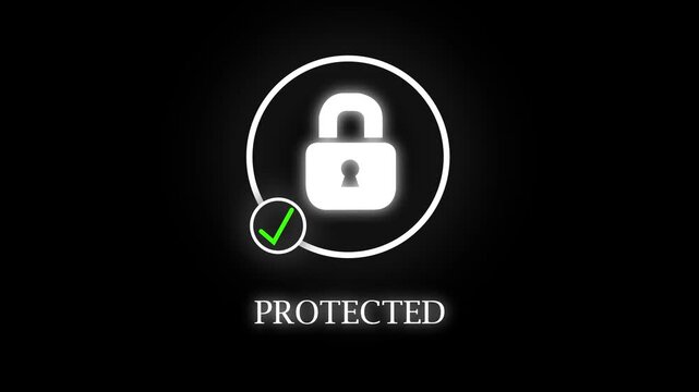 Glowing  Padlock Symbol With Checkmark Badge And Text Protected On Black Background.