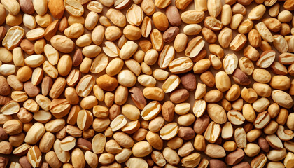 Fototapeta premium A close-up full frame texture shot of numerous roasted peanuts, some whole and some split open.