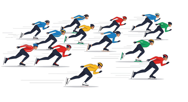 Twelve speed skaters in colorful uniforms race across an ice surface with speed lines on a white background.