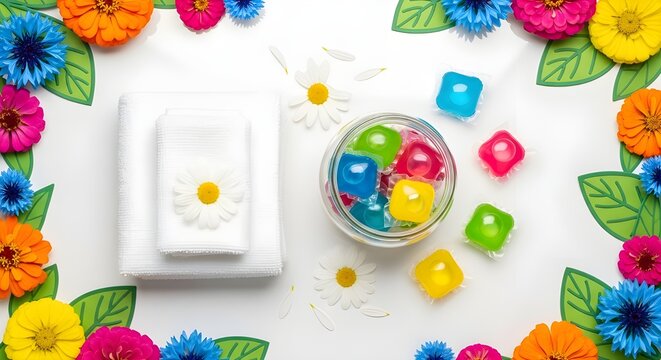 Colorful Laundry Pods Glass Jar Towel Daisies Floral