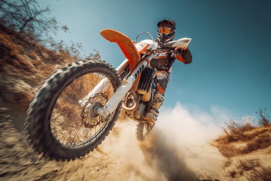 Dirt bike rider performing a wheelie on a dusty off-road track in dynamic action