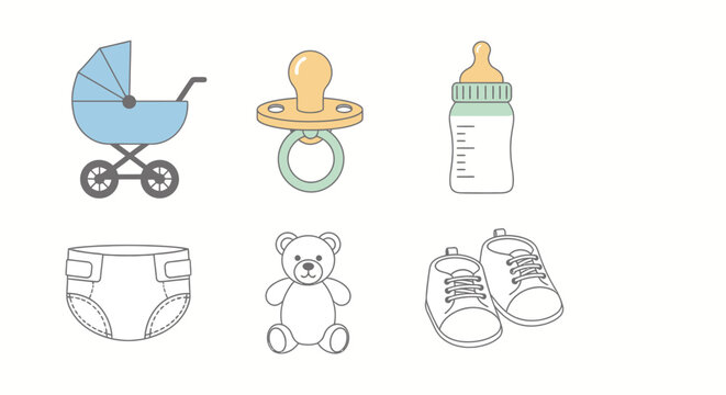 Baby items vector set including stroller pacifier bottle diaper and shoes