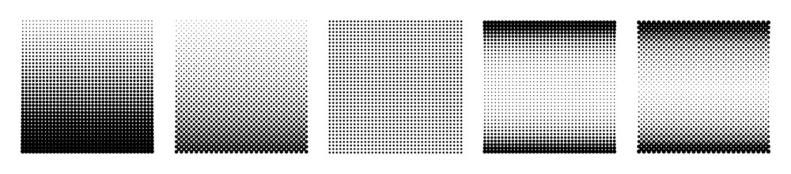 Halftone dots gradient set. Vanishing polka dot texture background. Dotted gradation pattern. Comic pop art. Half tone grain texture. Retro noise effect. Vector illustration