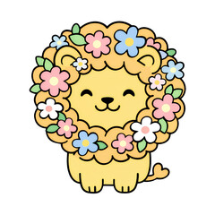 Cute lion cartoon lion flower wreath kawaii pastel smiling vector illustration