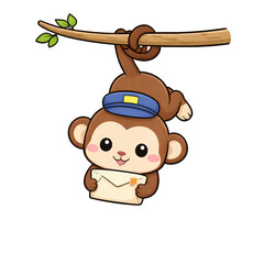 Cute monkey mail carrier cartoon, brown monkey hanging from tree branch, blue hat, holding envelope, cheerful animal mail delivery