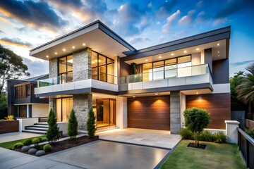 Fototapeta premium Modern two-story house with balcony and garage on white background modern house