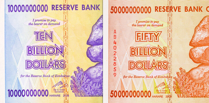 Banknotes from Zimbabwe's 2008 hyperinflation period, featuring the 10 Billion and 50 Billion dollar denominations. African currency.