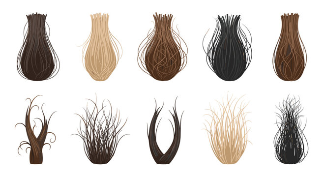 Ten stylized bundles of hair in various colors and textures are arranged on a white background.