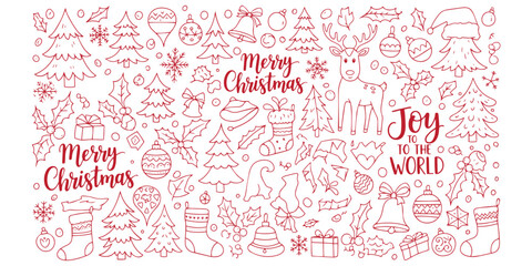 Obraz premium Red Christmas Doodle Elements Set with Merry Christmas Text