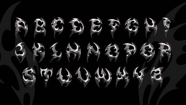 Chrome tribal uppercase alphabet set with cybersigilism 3D letters