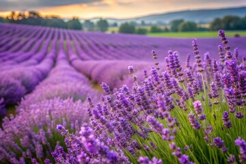 Obraz premium Rows of purple lavender flowers on green stems in a field at sunset on white background png lavender field