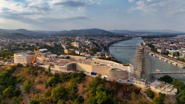 Drone View of Citadella Fortress and Liberty Statue Renovation in Budapest
