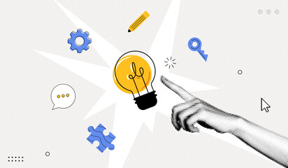 Trendy Halftone Collage Hand with lightbulb. Creative mind, brainstorm or innovation. Create creative idea concept. Business solutions. Think outside box. Contemporary vector illustration art
